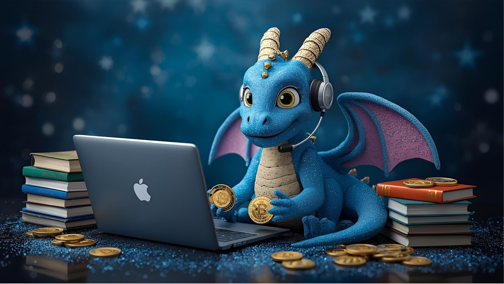 Drache_vorPC_Buecher Drache vor Laptop